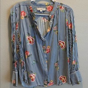 LOFT Blue and White Stripped Floral Blouse